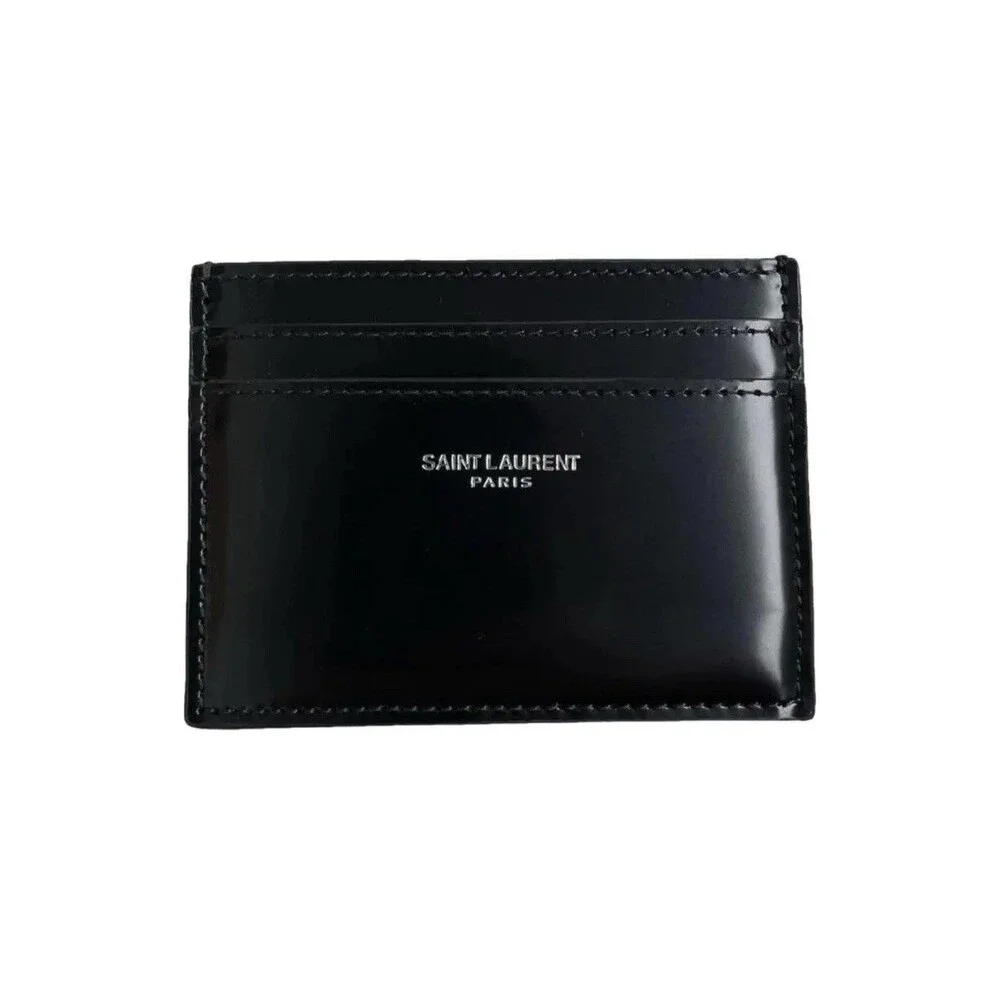 Saint Laurent Paris Black and Silver Patent Leather Card Holder New w/COA